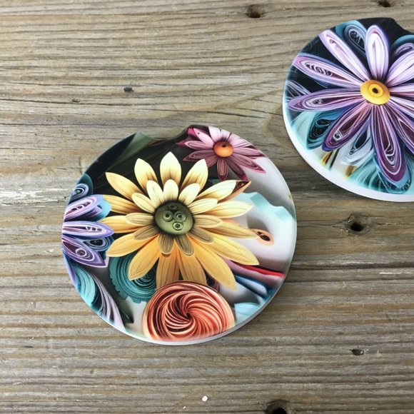Pastel Paper Wildflowers Car Coasters Set of 2 - Picture 4 of 9